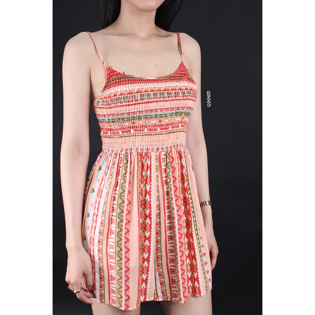 Q8665 - Romper 2 dây F21 cột nơ nhún thun in hoa văn
