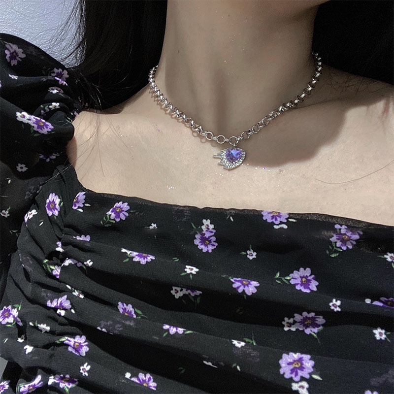 Phong cách mới nhất màu tím màu tình yêu hình dạng dát zircon vòng cổ bông tai bộ chuỗi dày của phụ nữ chuỗi xương đòn