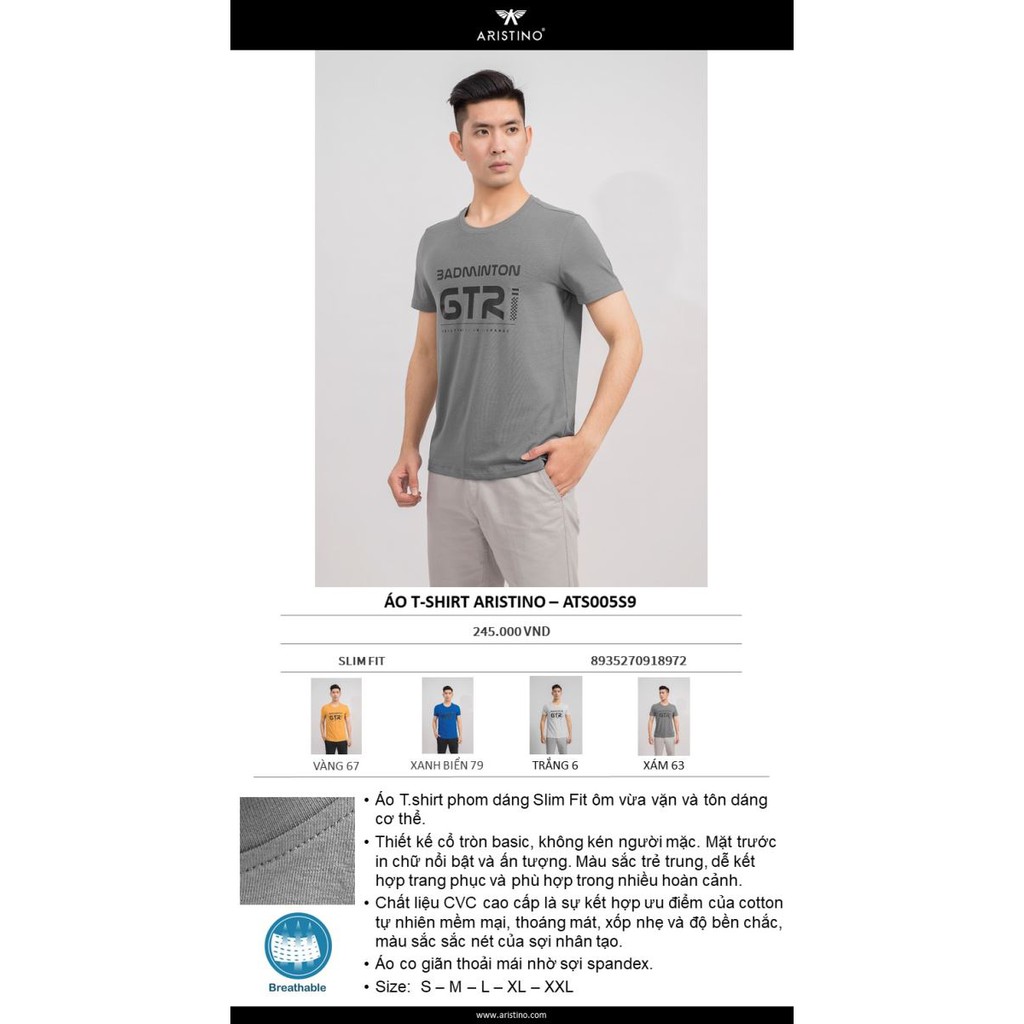 Áo phông t shirt ngắn tay nam CHÍNH HÃNG – GIẢM GIÁ Aristino ATS005S9 chất liệu cotton CVC, dáng slim fit