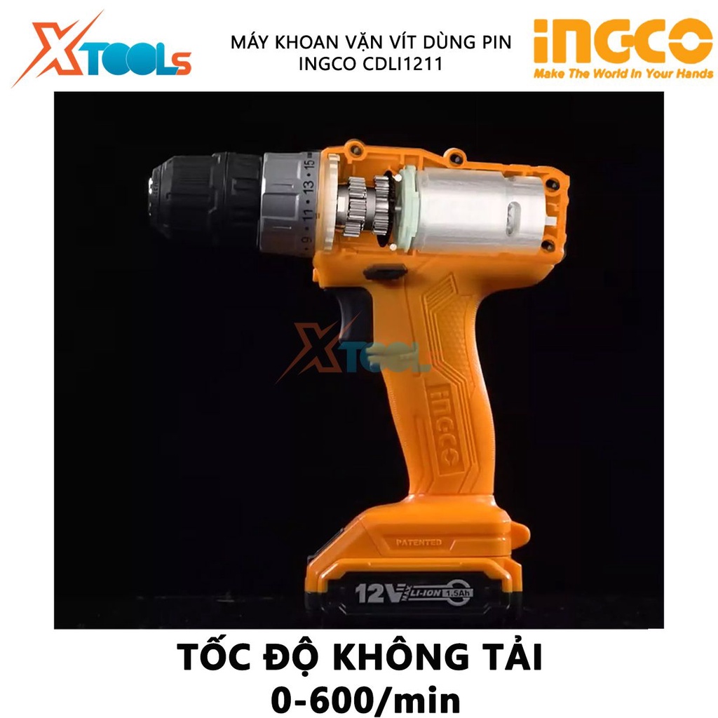 Máy khoan pin cầm tay 12v Ingco CDLI1211 tốc độ 600v/p, lực siết 20nm, khả năng khoan 10mm, có chỉnh tốc, kèm theo 1 pin