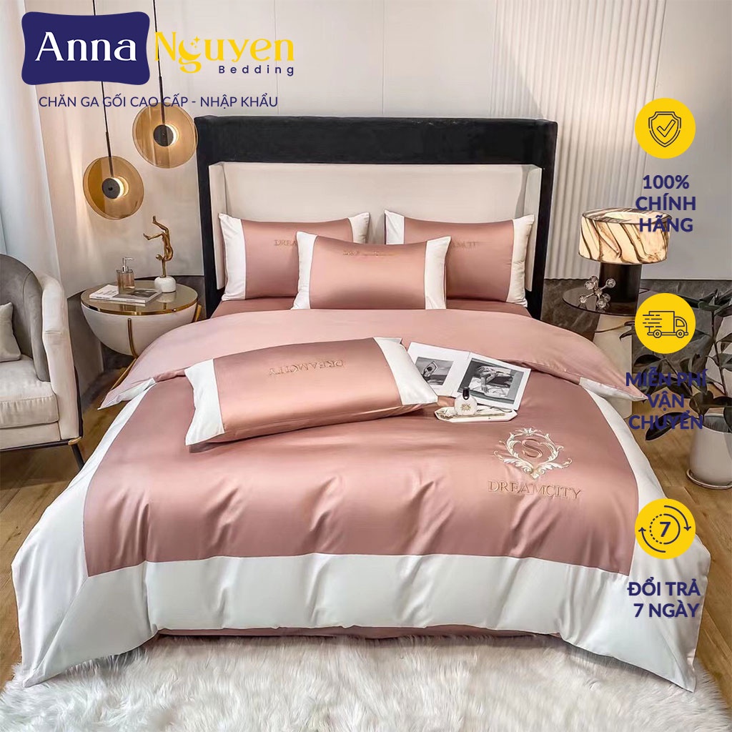 Bộ Chăn Ga Gối Đệm Phi Lụa Tencel Dream City Nhập Khẩu Drap Giường Phi Bóng Cao Cấp Bo Chun Drap - Anna Nguyen Bedding