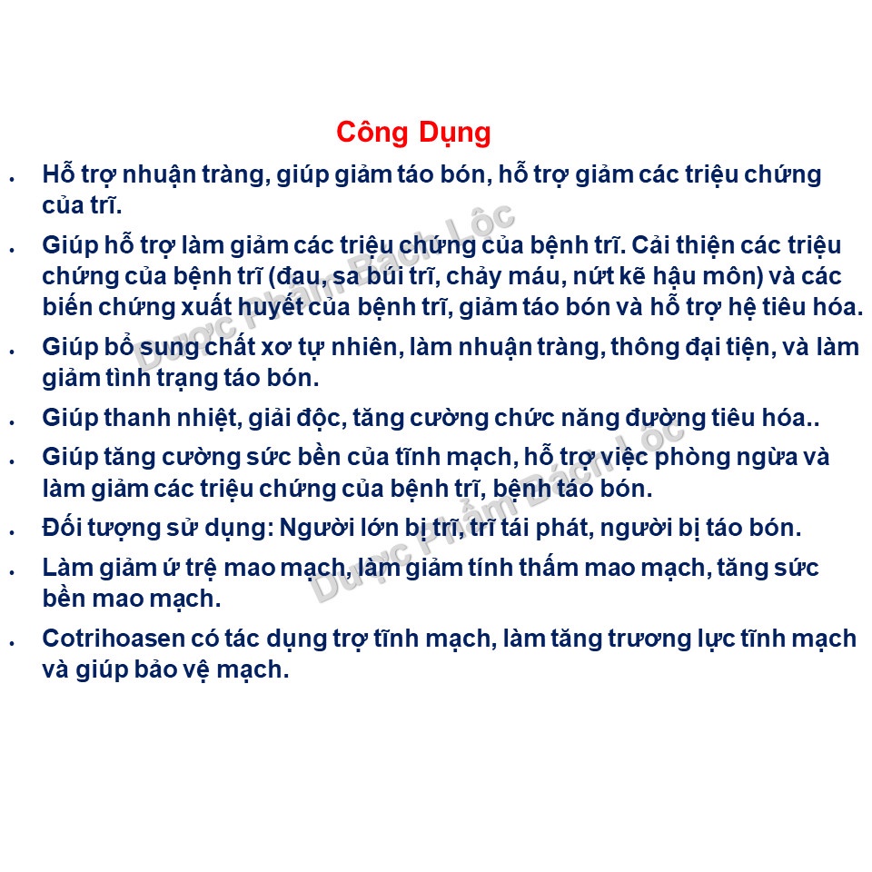 Viên uống tiêu trĩ Cotrihoasen giúp nhuận tràng, tăng sức bền thành mạch, thông đại tiên, giảm triệu chứng táo bón