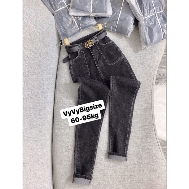 [Bigsize 32-36]Quần Jean Skinny Xám Trơn Túi Nổi. Cạp Cao - Co Giãn