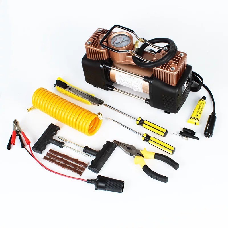 Bơm Lốp Ô Tô 2 Xi Lanh Công Suất Cao, Có Hộp + Bộ Dụng Cụ 12VDC