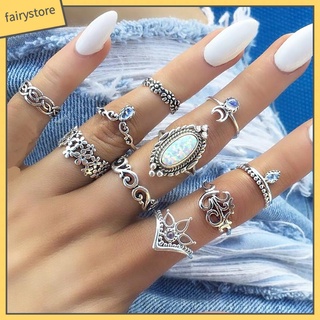 Set 10 nhẫn đeo đốt ngón tay đính đá opal nhân tạo phong cách retro