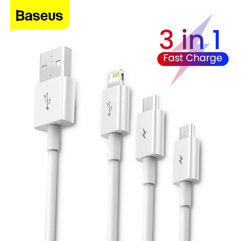 Cáp sạc dữ liệu Baseus cổng type C micro lightning có đèn 3 trong 1 1.5m cho điện thoại iphone