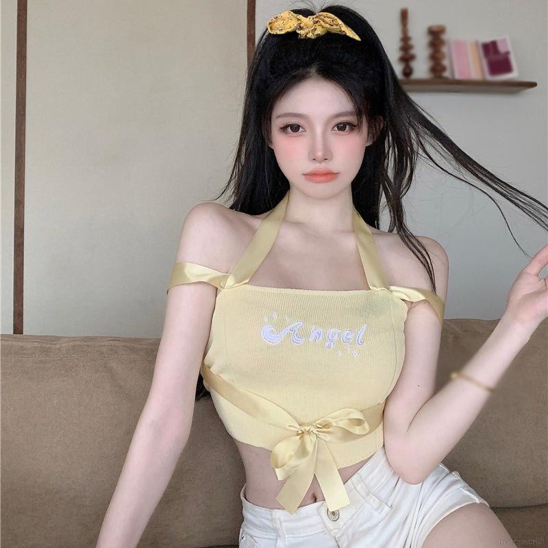 Áo Croptop Dệt Kim Trễ Vai Tay Ngắn In Chữ Phong Cách Hàn Quốc Quyến Rũ Cho Nữ | BigBuy360 - bigbuy360.vn