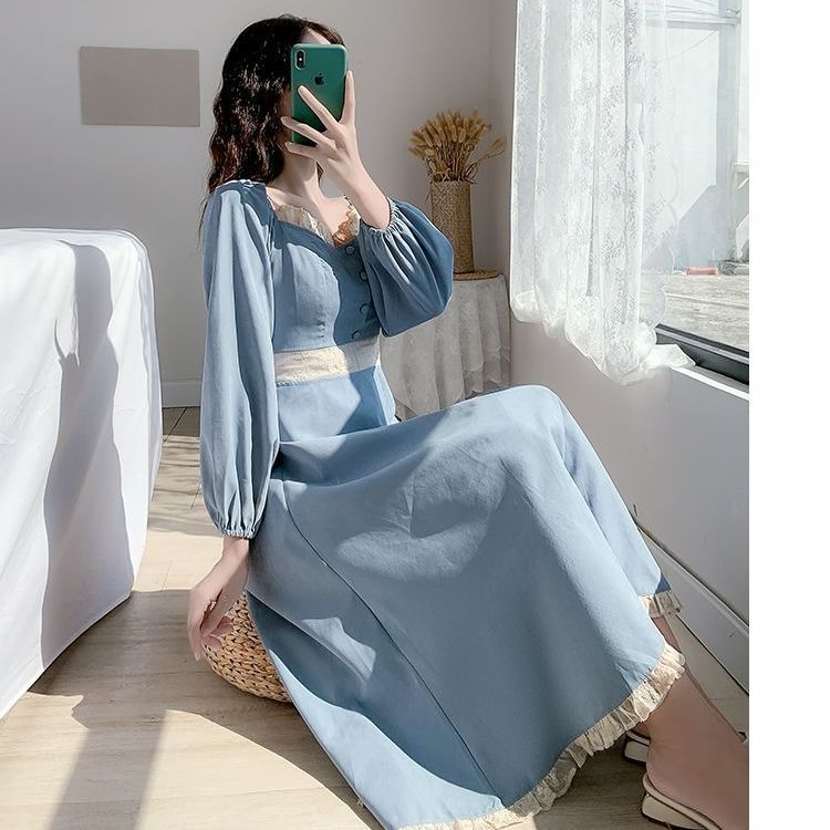 Đầm Dáng Chữ A Cổ V Tay Dài Kiểu Retro Pháp Thời Trang Xuân Thu 2021 Cho Nữ