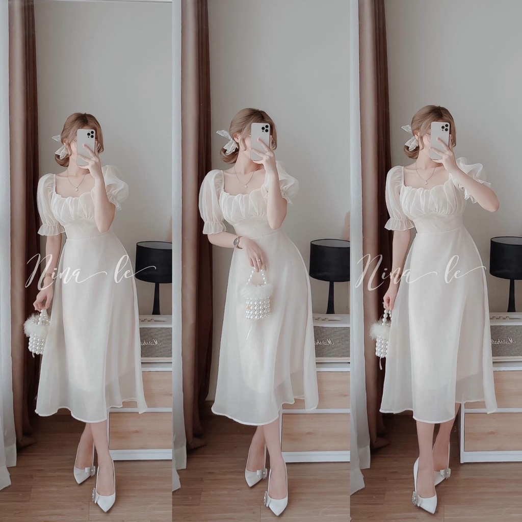 Đầm váy nữ trắng cổ vuông nhún ngực tay phồng dễ thương ôm eo