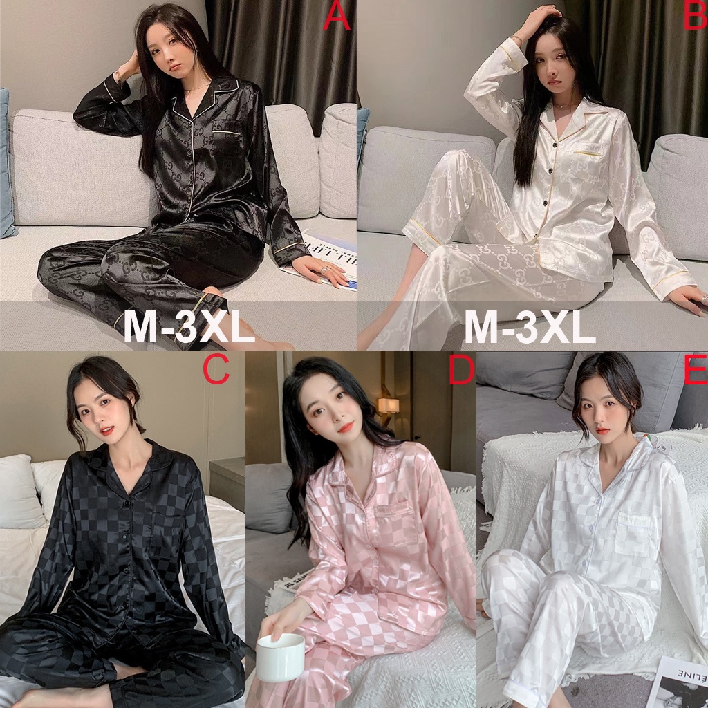 Bộ Đồ Ngủ Lụa Satin Tay Dài In Họa Tiết Caro / Kẻ Ô Thời Trang Hàn Quốc Cho Nữ