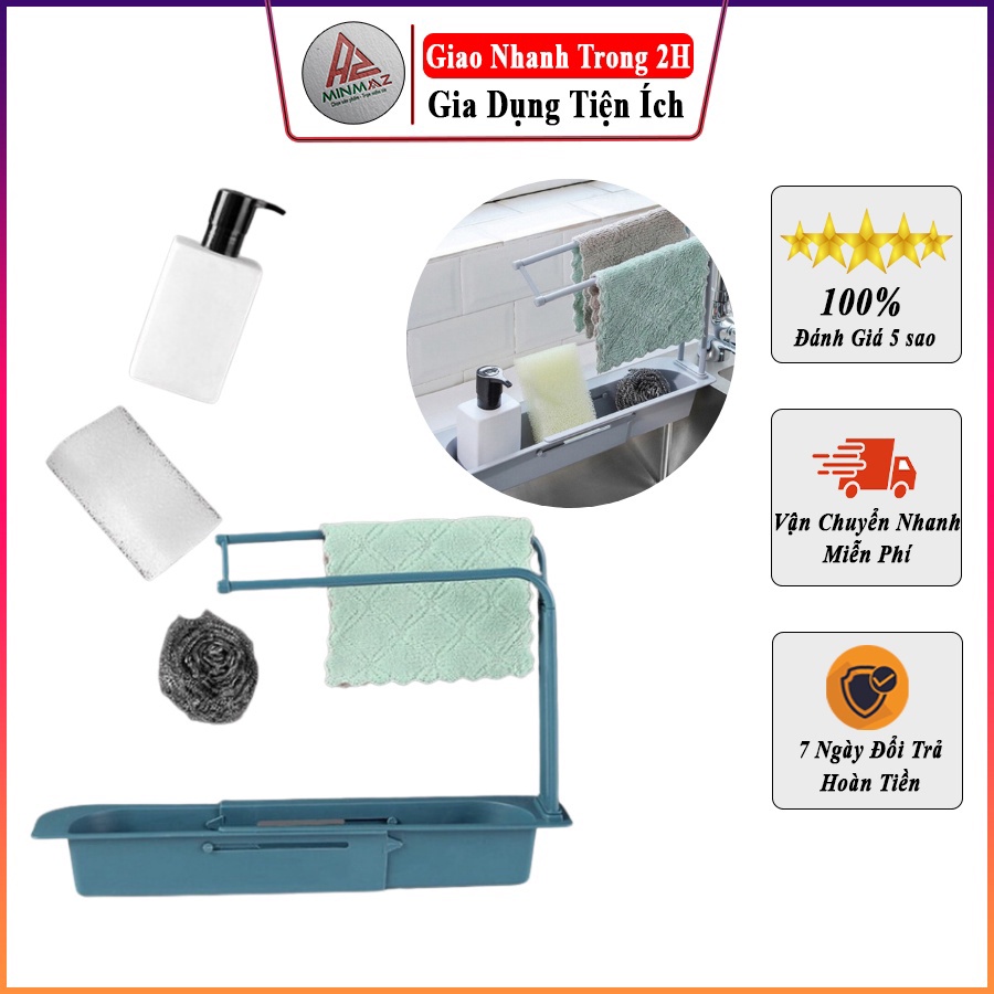 Kệ Đựng Đồ Rửa Chén Bát Gác Bồn Đa Năng ,Khay Để Giẻ Rửa Bát, Giá Bồn Rửa Bát Có Móc Treo Khăn Co Giãn - FreeShip
