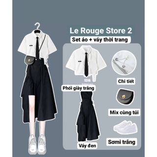 (ORDER) Set đồ nữ thời trang mẫu mới váy hai dây tà lệch cá tính đen + áo sơ mi trắng nữ không kèm cà vạt (ảnh thật)