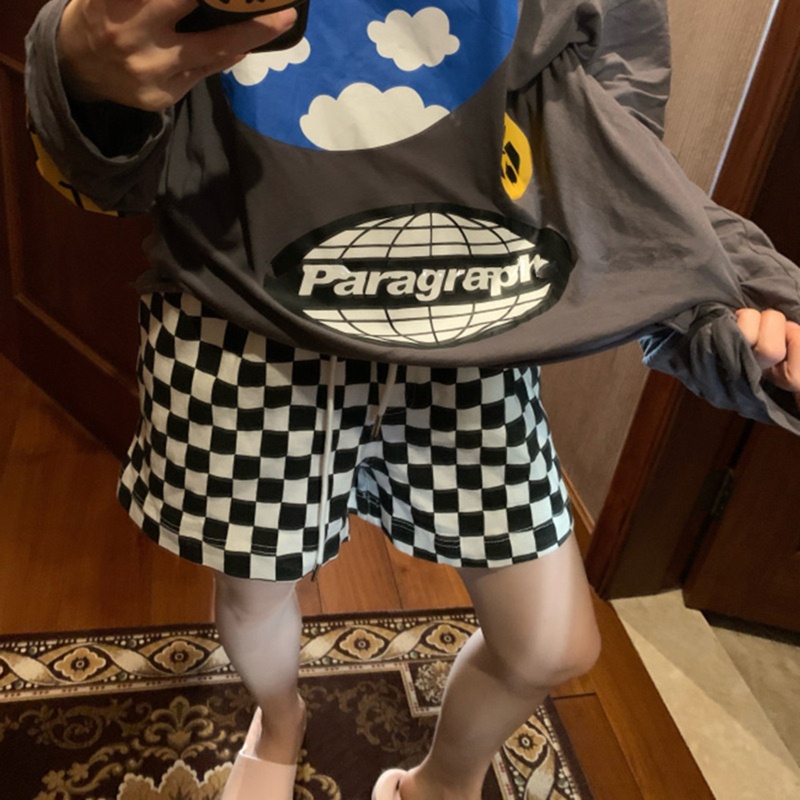 Quần Short Nữ Lưng Cao Ống Rộng Họa Tiết Caro Thời Trang