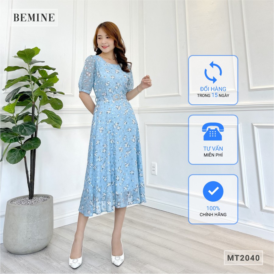 Đầm thanh lịch tay phồng khoen eo BEMINE MT2040XANH