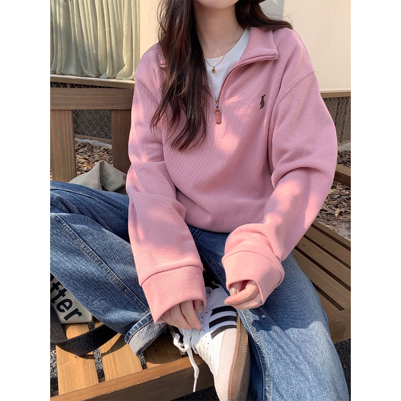 Áo sweatshirt Có Dây Kéo Nửa Cổ Thêu Hình Thỏ Dễ Thương 54911