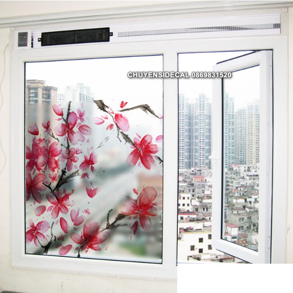 Decal Dán Kính Cao Cấp - Tranh vẽ Hoa Đào tuyệt mỹ