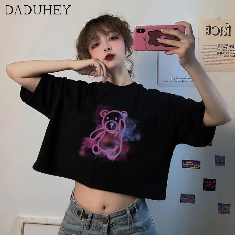 Áo thun Daduhey tay ngắn dáng rộng hở rốn in họa tiết gấu phong cách Hàn Quốc thời trang mùa hè cho nữ
