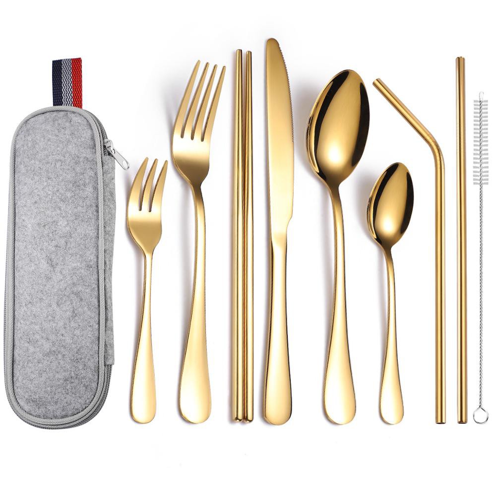 6-9Pcs/Set Gold Silverware Restaurant Travel Tableware Set Metal Cutlery Stainless Steel Portable Flatware Spoon Straw And Fork Set In a Case