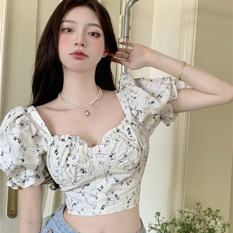 Áo kiểu COZOKC tay phồng cổ vuông họa tiết hoa xinh xắn