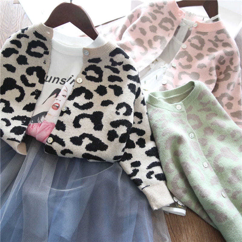 Áo Khoác Cardigan Dệt Kim In Họa Tiết Da Báo Thời Trang Xuân Thu Cho Bé Gái