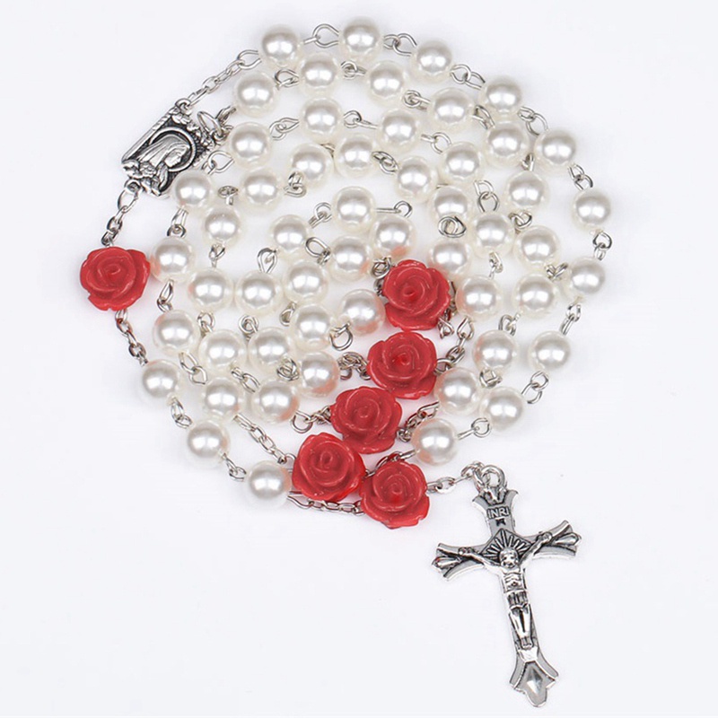 Vòng cổ mặt hình thánh giá đính ngọc trai giả 6mm 3 màu thời trang