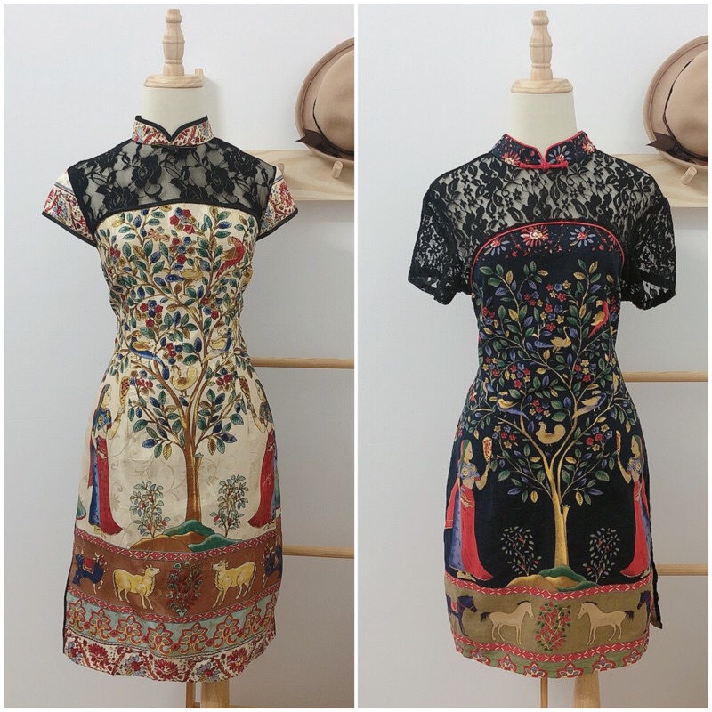 Sườn xám xanh lá boho caro có BIG SIZE