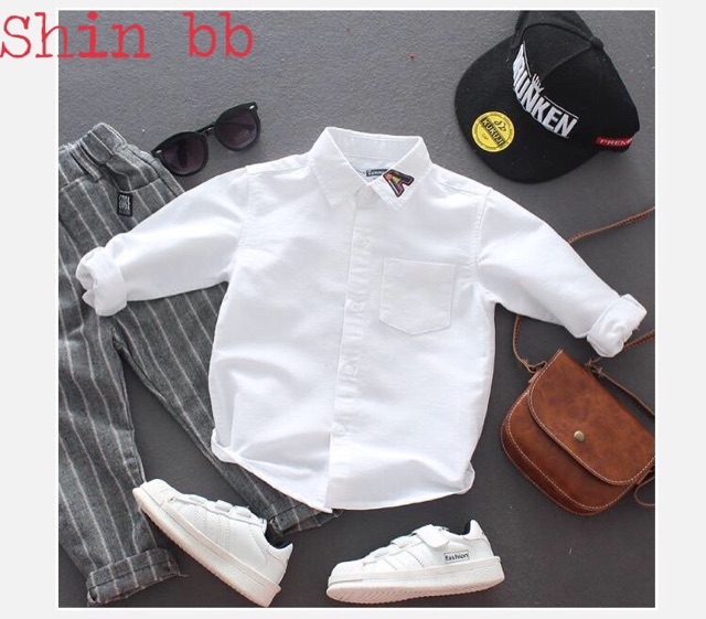 8-25kg. ÁO SƠ MI DÀI TAY BÉ TRAI CỔ THÊU CHỮ A BỐN MÀU CƠ BẢN SANG CHẢNH