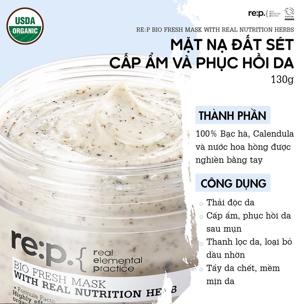 Mặt Nạ Đất Sét RE:P Giảm Mụn Và Se Khít Lỗ Chân Lông REP Bio Fresh Mask With Real Herbs 130g