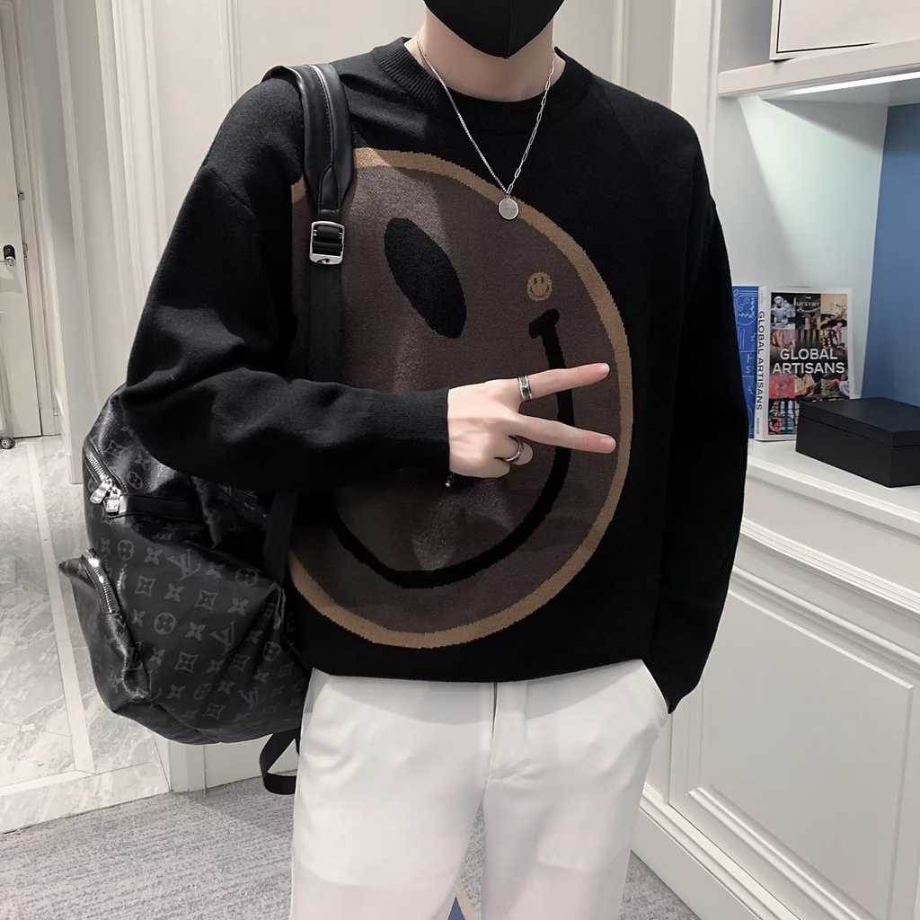 Áo Sweater Dệt Kim Cổ Tròn In Hình Mặt Cười Thời Trang Thu Đông Mới Cho Nam