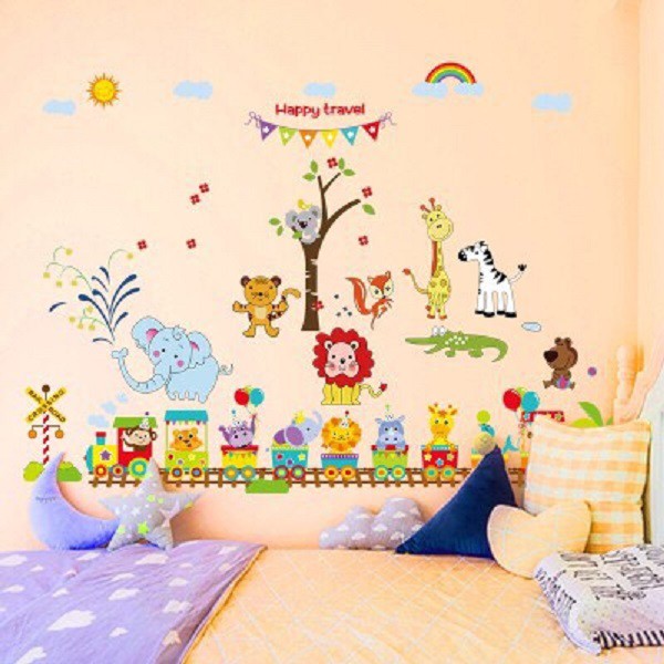 Decal dán tường mẫu thú 05 kết hợp Happy Travel