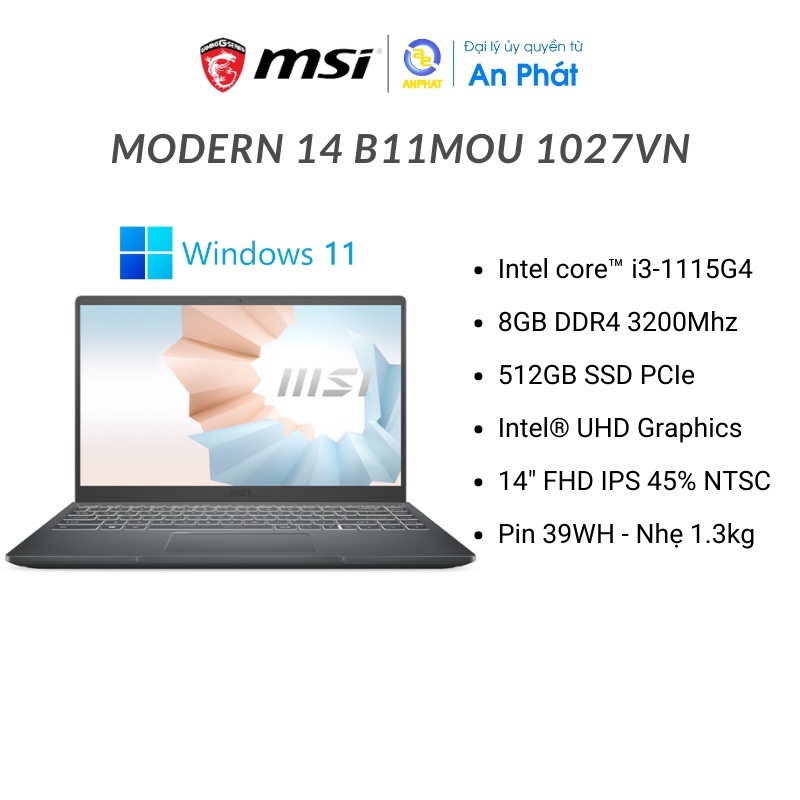 [Mã ELBAU7 giảm 7%] Laptop MSI Modern 14 B11MOU 1030VN / 1027VN (Core i3-1115G4 + 14 inch FHD)