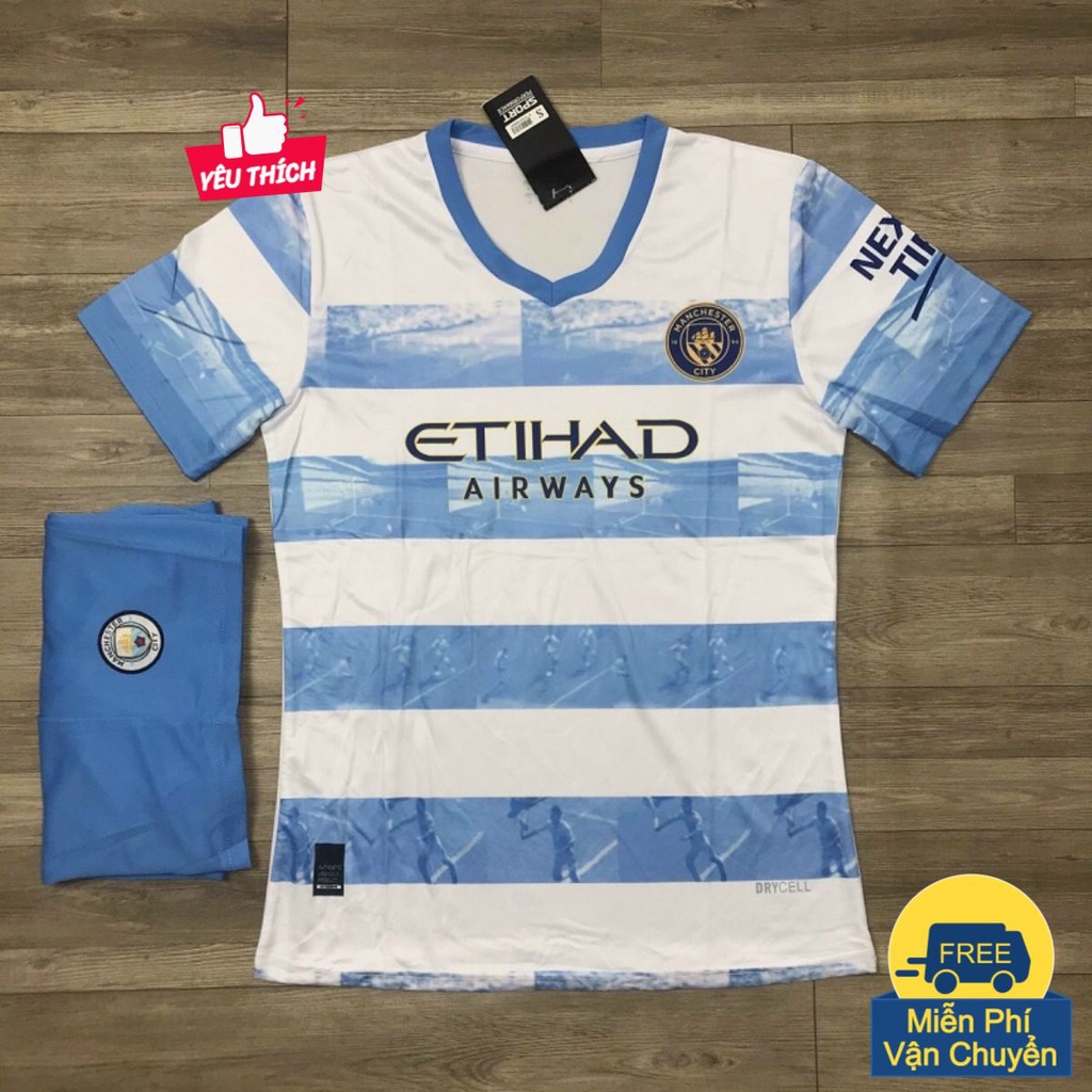 Bộ Quần Áo Bóng Đá Manchester City (Man city) 2023 Trắng Xanh Kẻ Ngang Vải Thun - Đồ Đá Banh pp Bởi Be Happy Sport