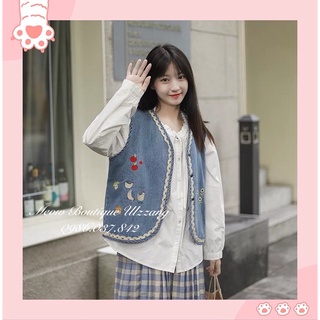 [OD] Áo gile jeans thêu đáng yêu viền ren có túi trước phong cách ulzzang retro kèm ảnh thật