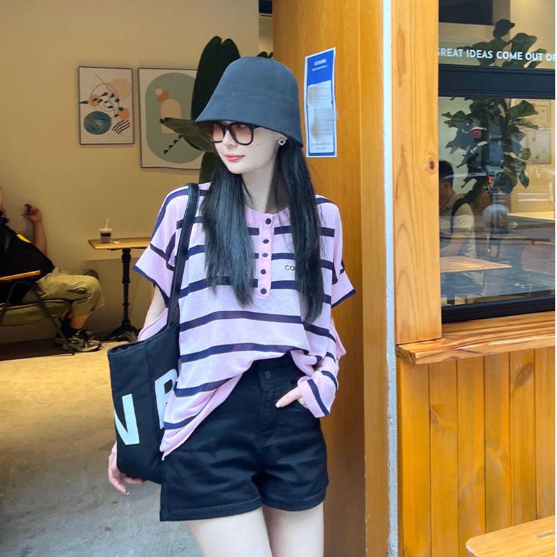 Áo Thun Dệt Kim Mỏng Dáng Rộng Họa Tiết Kẻ Sọc In Chữ Thời Trang Mùa Hè Hàng Mới Dành
