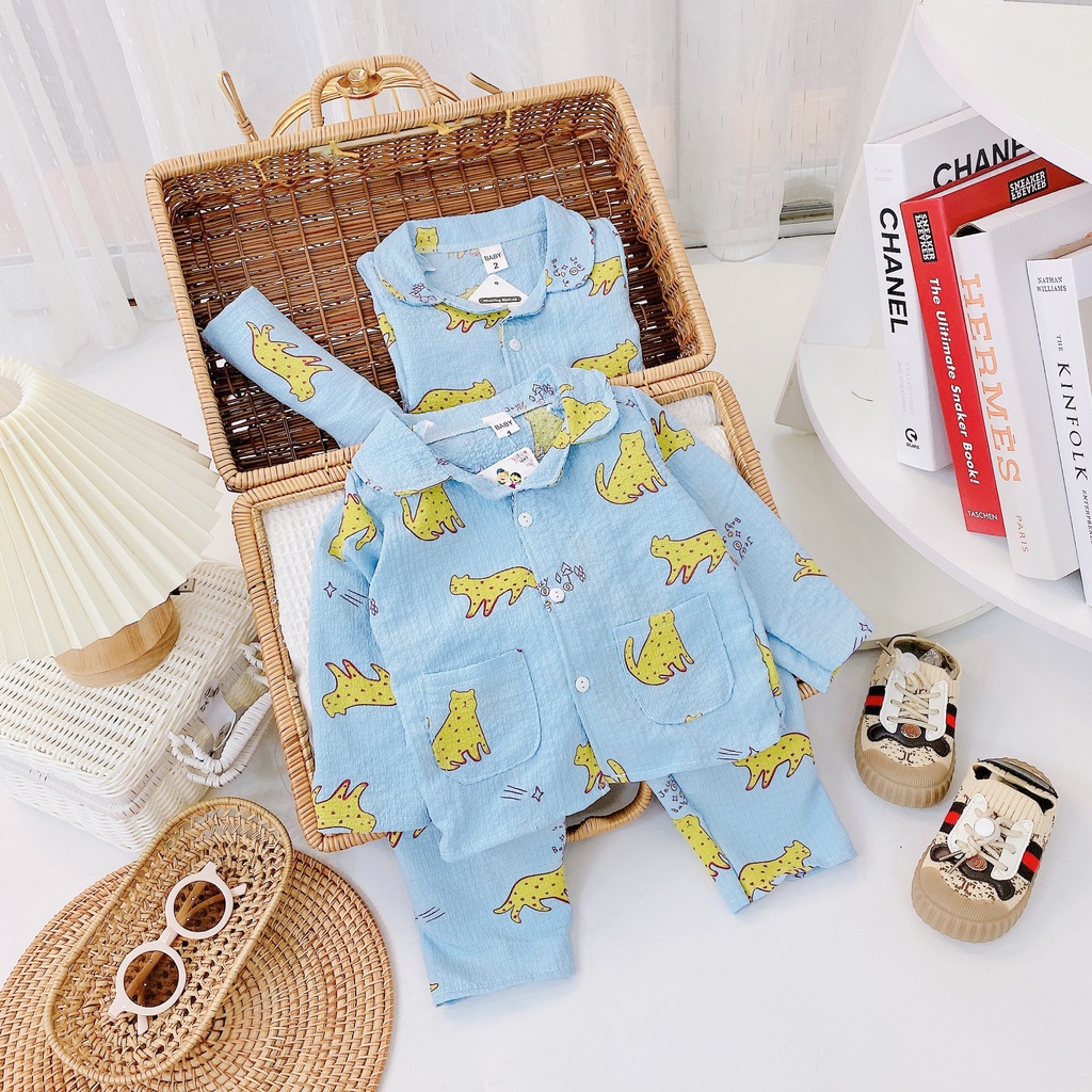 [DT75] Bộ Dài Tay PYJAMA 2 Túi Hình Báo Cho Bé Chất Vải Đũi Xốp Nhẹ Nhàng Thoải Mái Size Từ 7-18KG VNXK Nhật-Hàn