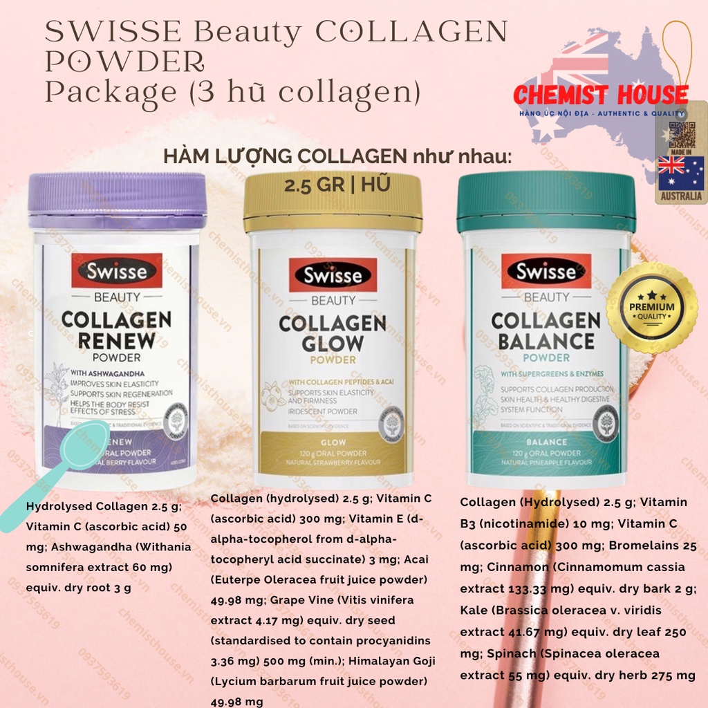 Collagen Swisse Úc Combo Collagen 3 Hũ Bột - Swisse Beauty Collagen Powder Balance Renew Glow 120 Gr/Hũ