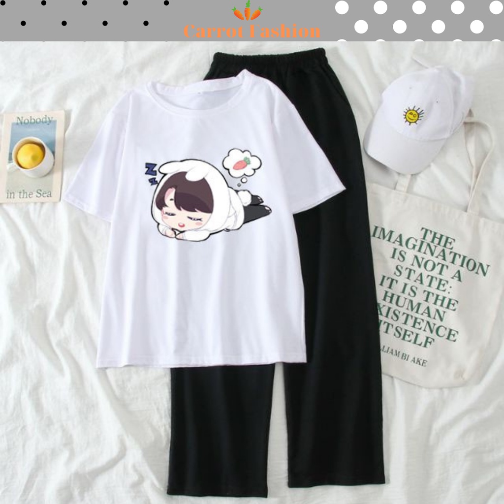 Hàng Loại 1: Set Đồ Nữ Đi Chơi Đi Học CARROT FASHION, Sét Đồ Bộ Nữ Cotton In Chipi Thỏ Mix Quần Thun Ống Rộng Hai Sọc