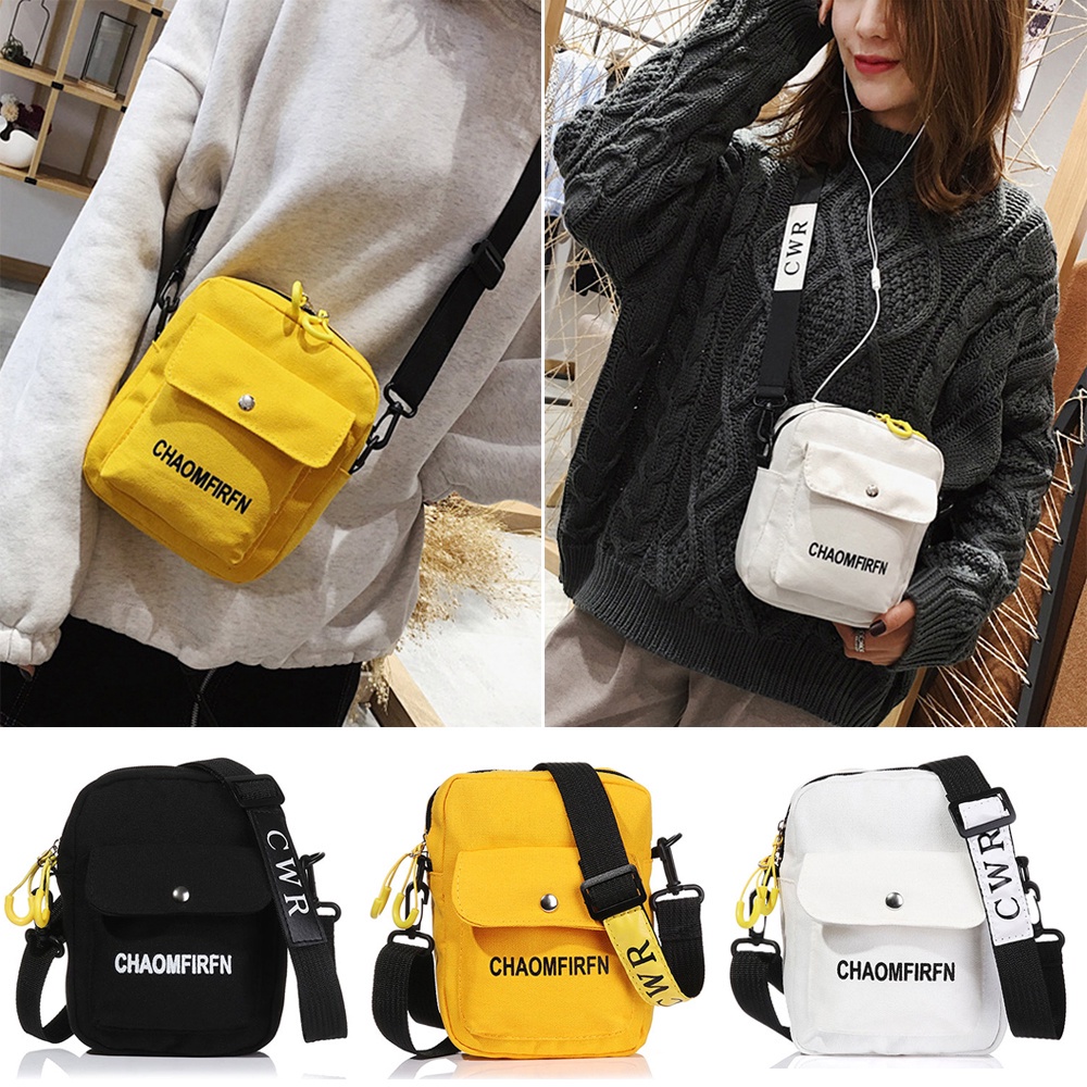 Túi đeo chéo vải canvas có khóa kéo màu trơn họa tiết chữ cái trẻ trung thời trang dành cho nữ