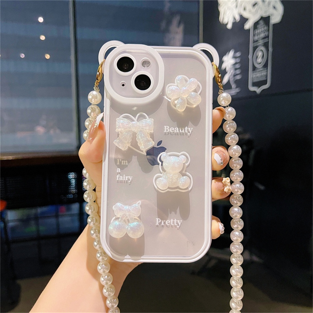 Ốp Điện Thoại Dẻo Hình Tai Gấu 3D Đính Ngọc Trai / Nơ Dễ Thương Cho IPhone 13 11 12 Pro Max X XR XS 7 8 Plus