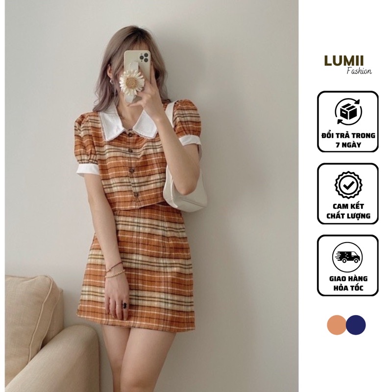 Set áo sơ mi croptop cổ bèo viền ren + Chân váy chữ A kẻ caro
