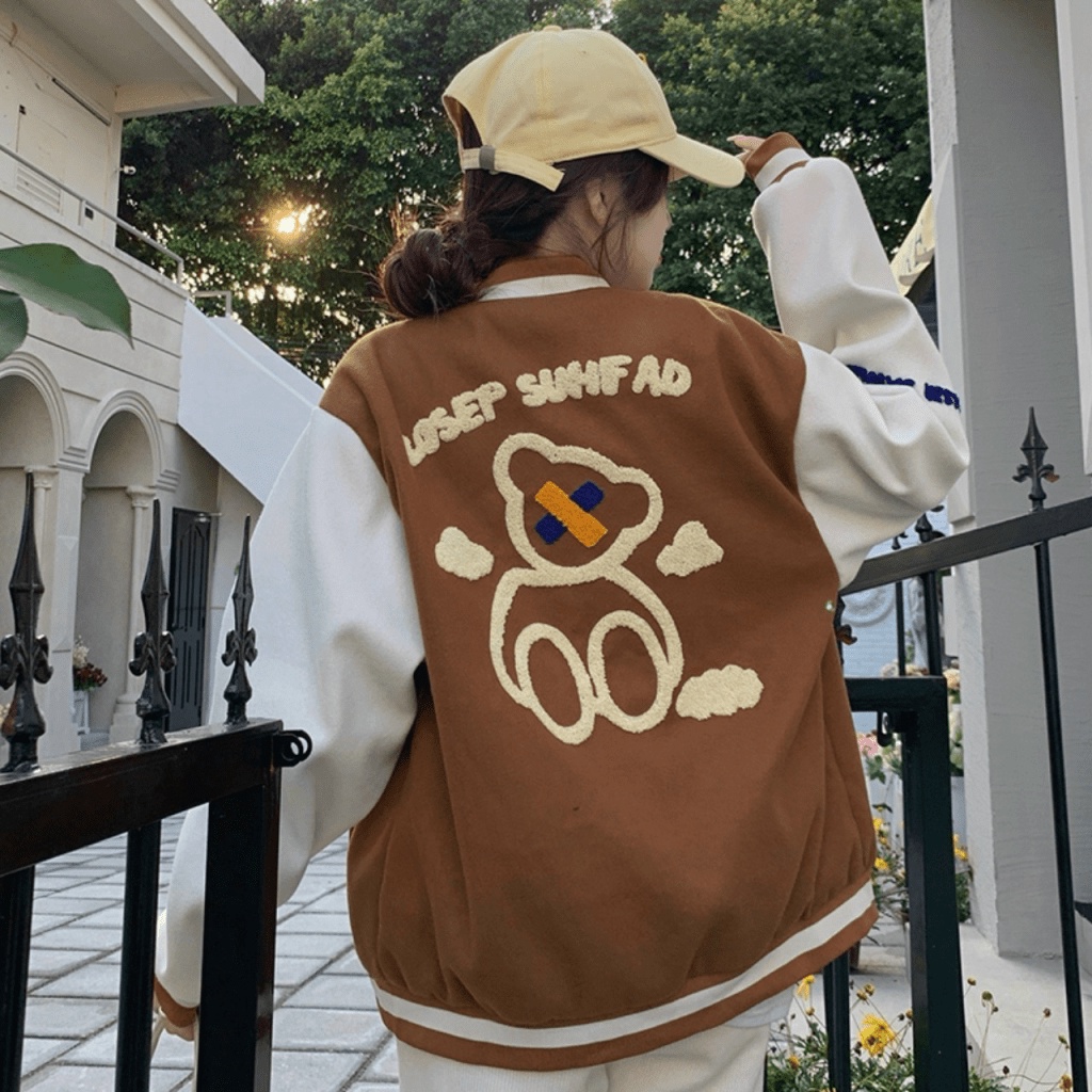 Áo Khoác Nỉ Nữ Kiểu Dáng Bomber 2 Màu Phối Tay Trắng In Gấu Phong Cách Thể  Thao Năng Động Form Rộng Mặc Thoáng Mát [NEW