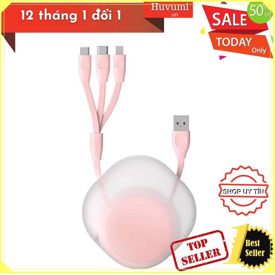 Cáp sạc dây rút 3 đầu Baseus Let's Go Little Reunion One-Way Stretchable 3in1 (3A/0.8m, Lightning/Type C/MicroUSB) LV801