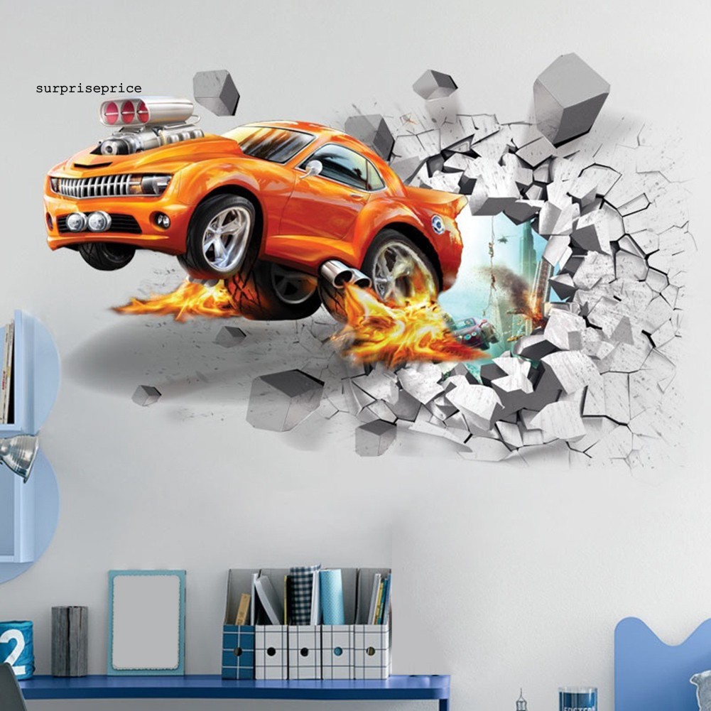 Hình dán tường trang trí họa tiết xe hơi 3D độc đáo sáng tạo