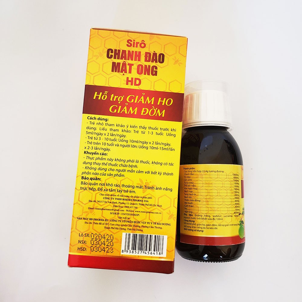 Siro Chanh Đào Mật Ong HD hỗ trợ bổ phế giảm ho tiêu đờm 100ml