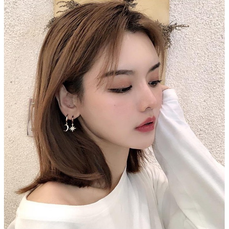 Bông tai bất đối xứng style mini trăng và sao BT101