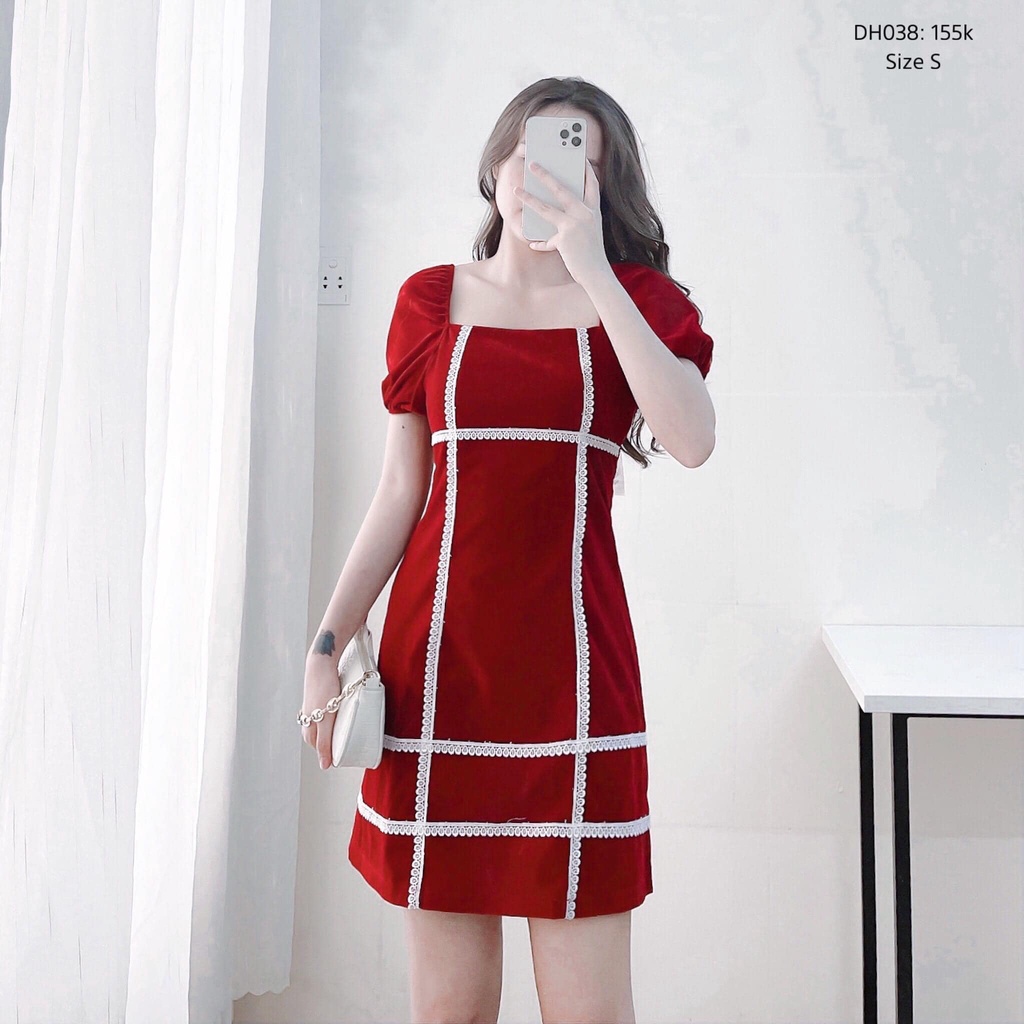 Đầm nhung phối viền ren (DH038)