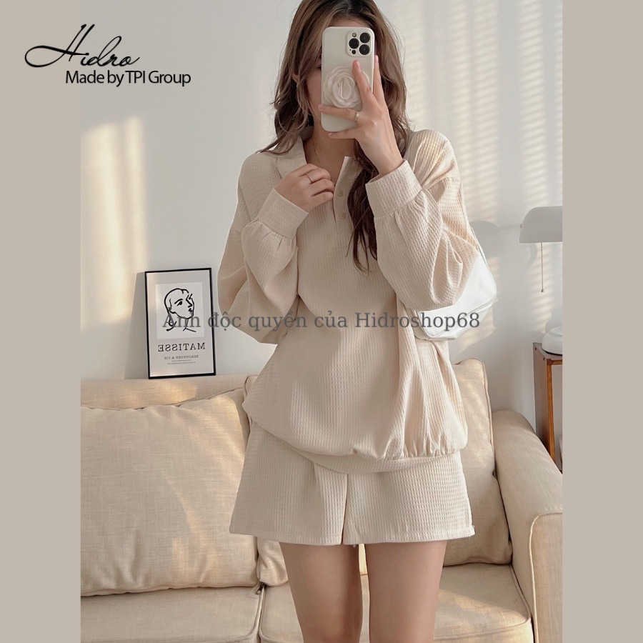 Set cotton tổ ong nữ áo dài tay cổ hai khuy mix quần short kiểu dáng năng động