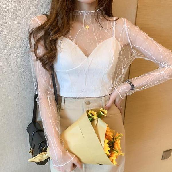 Áo Sơ Mi Tay Dài Phối Ren Lưới Mỏng Xuyên Thấu Phong Cách Hàn Quốc Thời Trang Mùa Thu Cho Nữ