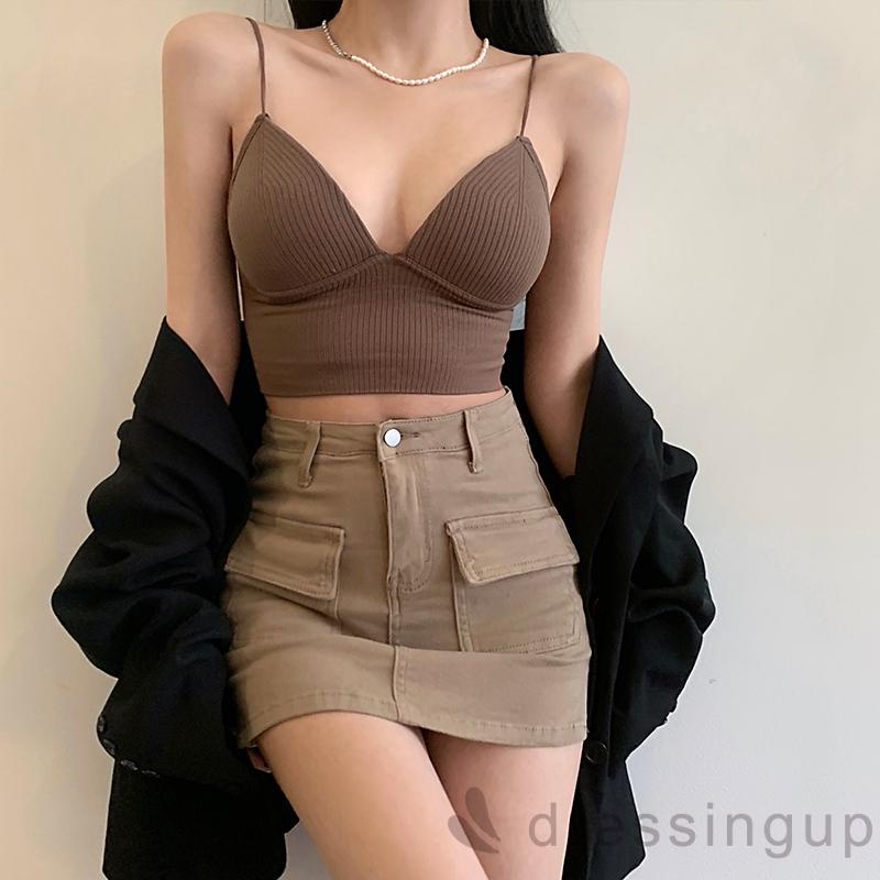 Áo Croptop Hai Dây Cổ Chữ V Sâu Màu Trơn Thời Trang Mùa Hè Cho Nữ