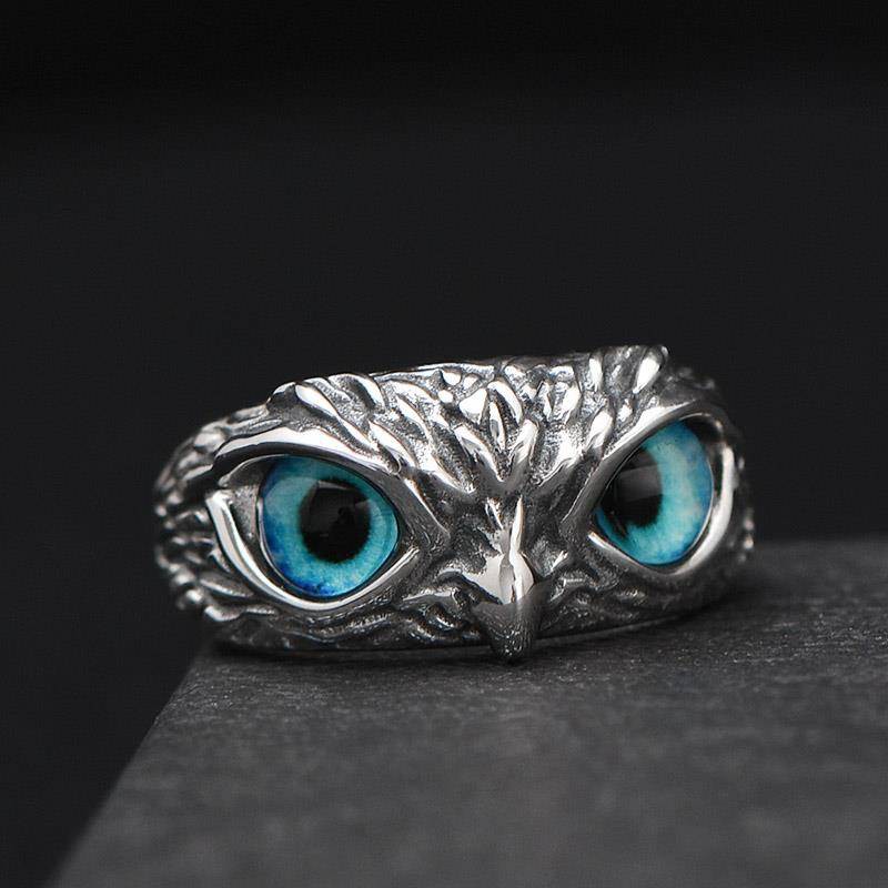 "Owl" Nhẫn bạc châu Âu và Mỹ Retro Owl Own Ring 925 Bạc sáng tạo Nhẫn nữ phóng đại